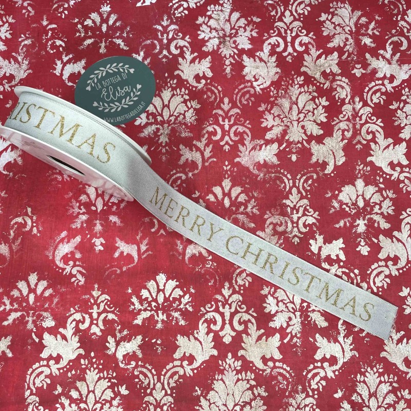Nastro Merry Christmas stoffa avorio h2.5cm la Bottega di Elisa